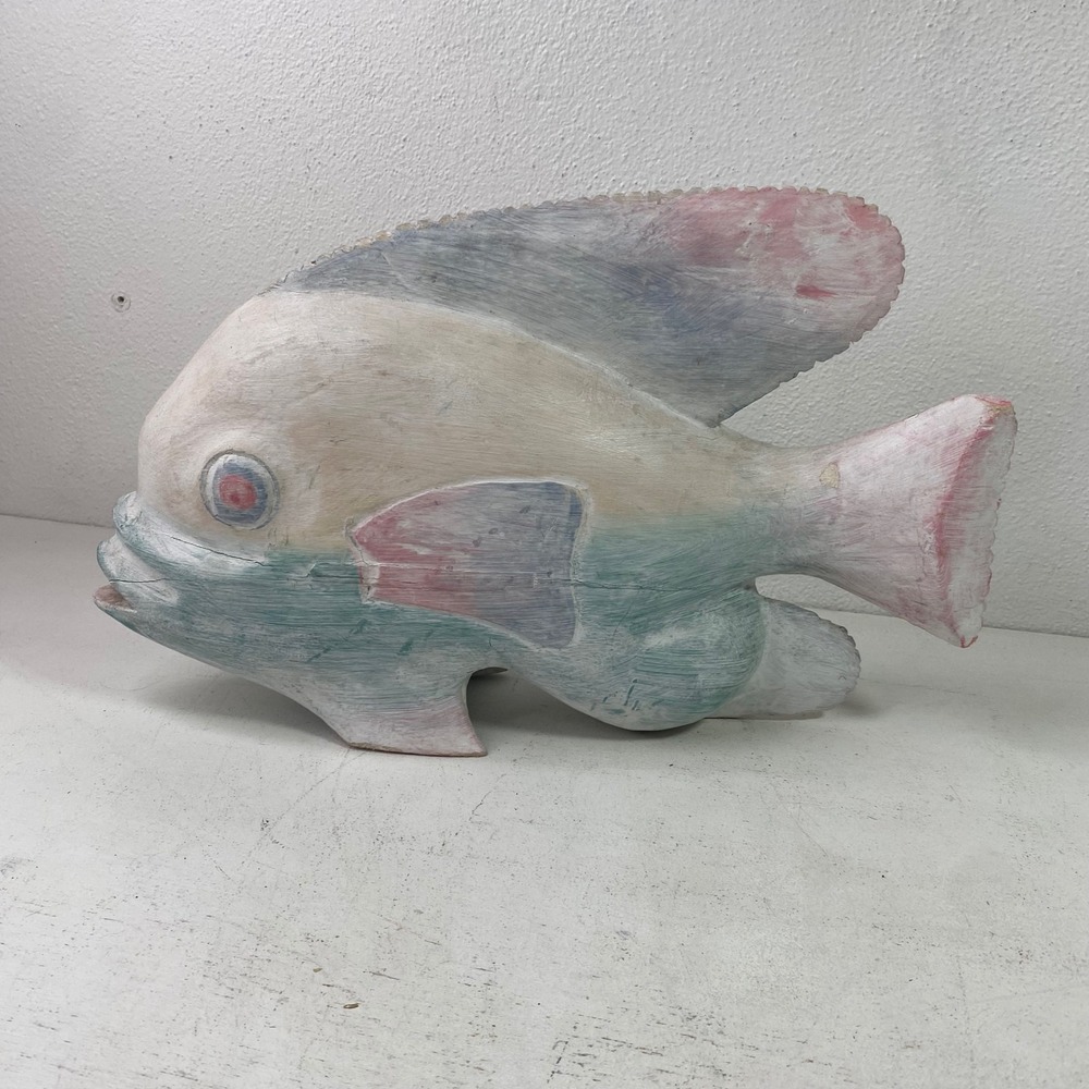 Vintage Wooden Pastel Tropical Fish Sculpture Hand Carved Folk Art Coastal Decor